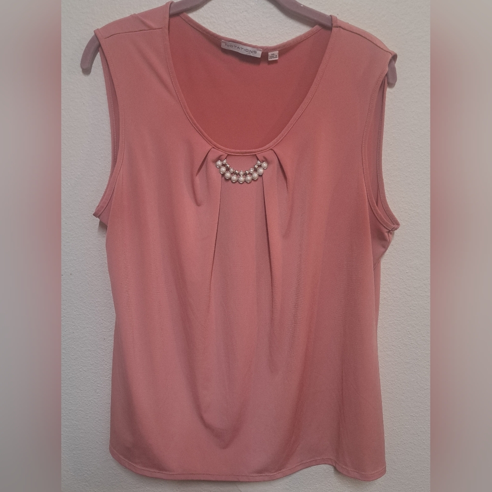 Notations Womens XL Pink Sleeveless Blouse Pearl Embellished Neck Stretch Top
